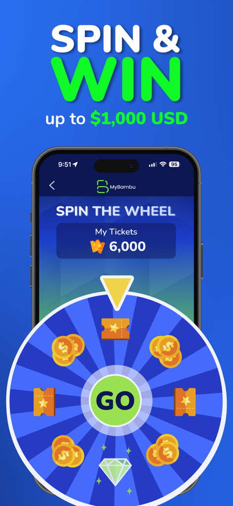MyBambu-App-Funktion "Drehen und Gewinnen" mit einem Belohnungsrad, um bis zu tausend Dollar zu gewinnen.