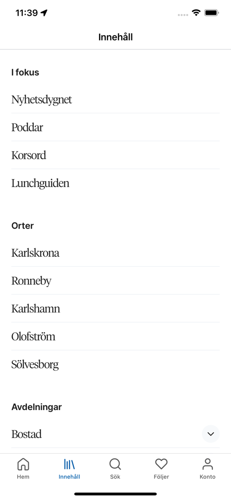Content navigation menu of the BLT news app showing local news categories and town selections like Karlskrona and Ronneby.