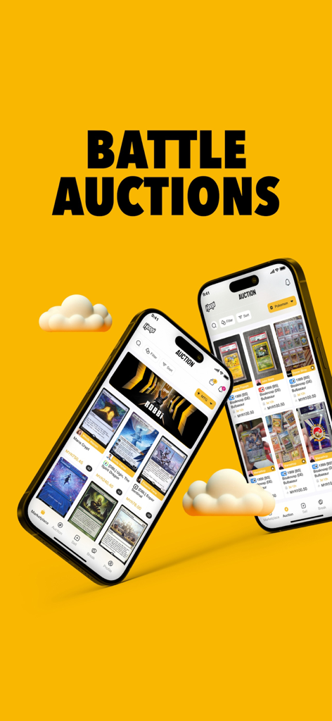 Hoopi - Collectible Platform - Pantalla de la aplicación móvil Hoopi mostrando subastas de batalla para cartas coleccionables como Pokemon y Magic The Gathering