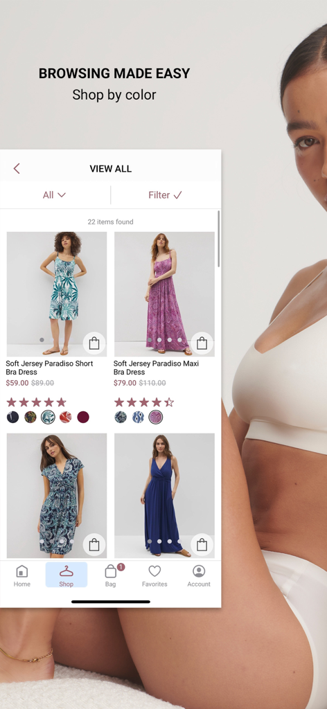 Interface do aplicativo móvel Soma Intimates mostrando uma coleção de vestidos de sutiã com um recurso de navegação por cor.