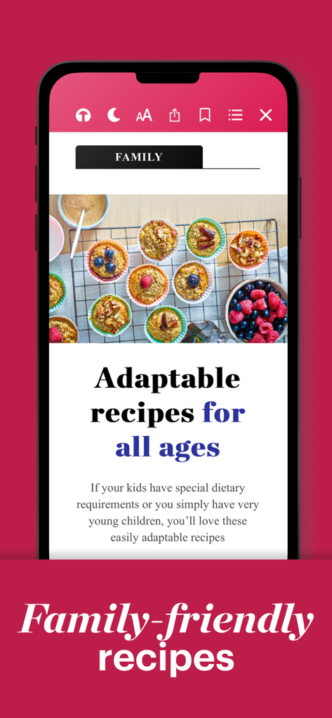 L'application Good Food Magazine affichant des recettes familiales et adaptables pour les enfants