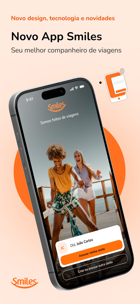 Smiles loyalty program app welcome screen for GOL Airlines travel planning