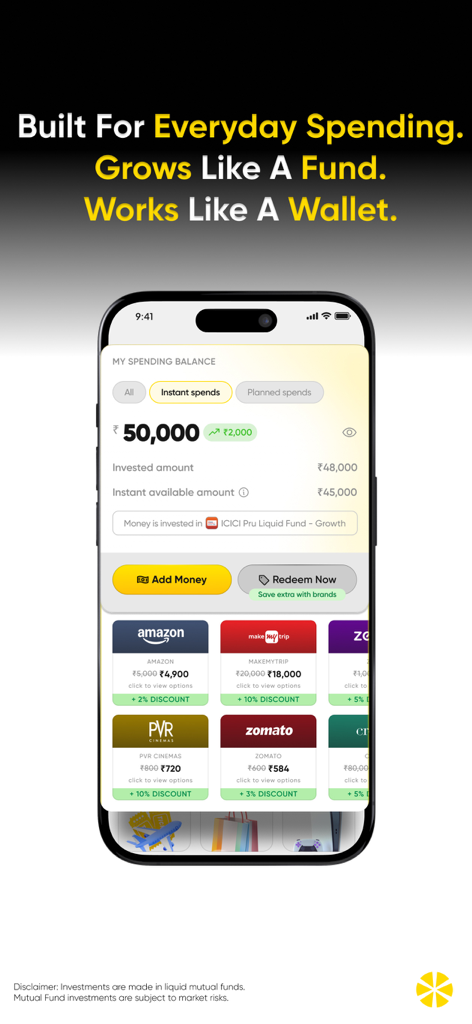 Multipl: Spending Account - Multipl app interface showing spending balance and rewards from partner brands like Amazon and MakeMyTrip.