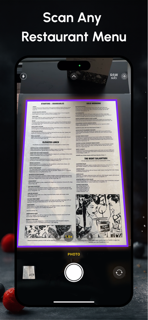Tastily - Eat Out Smarter - Smartphone interface scanning a physical restaurant menu with the Tastily app