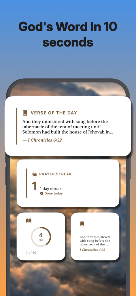 Daily Bible Verse – Bibly - Widgets de la aplicación Bibly en la pantalla de un iPhone mostrando versículos bíblicos diarios y una racha de oración