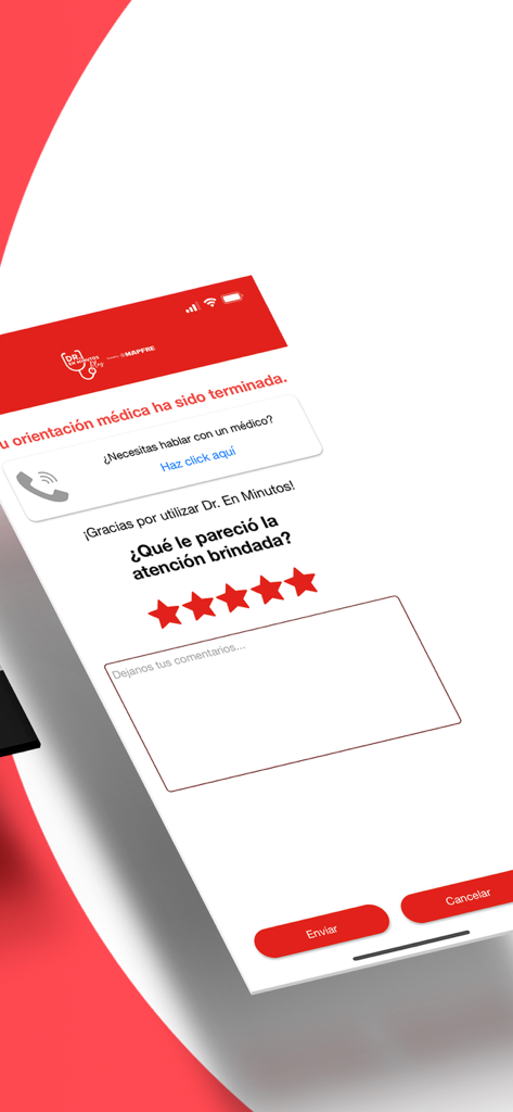 Pantalla de la aplicación mostrando una calificación de cinco estrellas y un formulario de comentarios para una consulta médica
