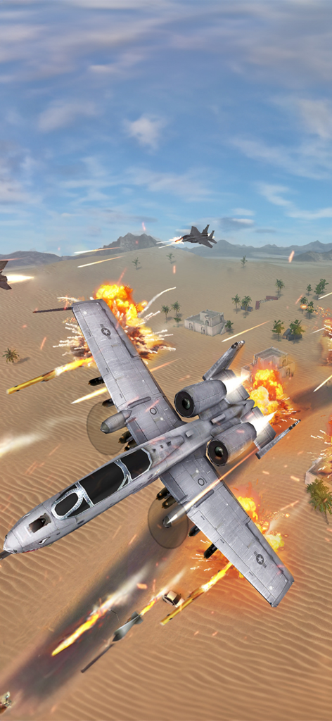 Sky Defense: War Duty - An A-10 aircraft flying through explosions and enemy fire in a desert combat zone.