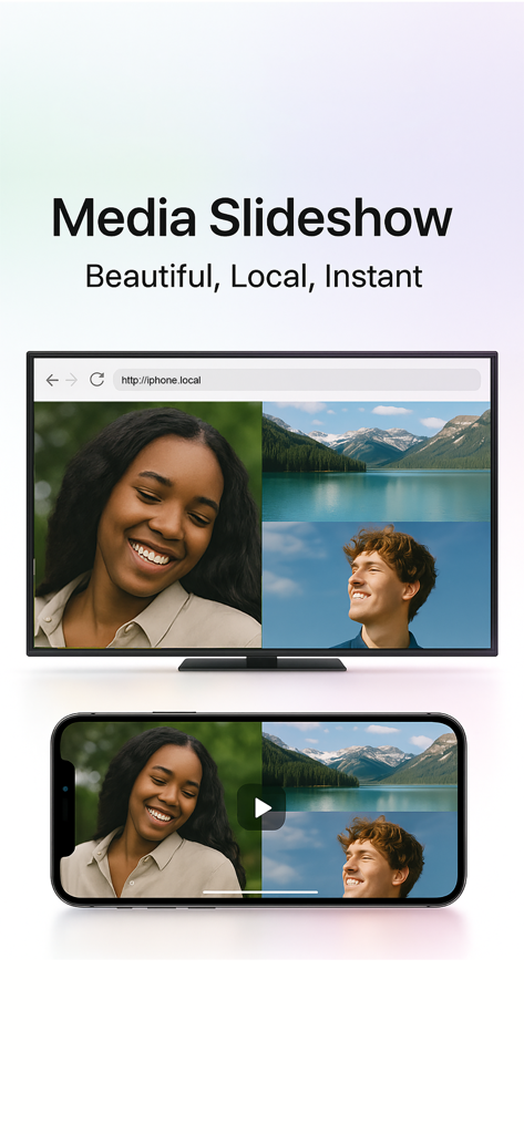 AirPlay Cast - L'iPhone diffuse un diaporama de photos sur l'écran d'une télévision à l'aide d'AirPlay Cast