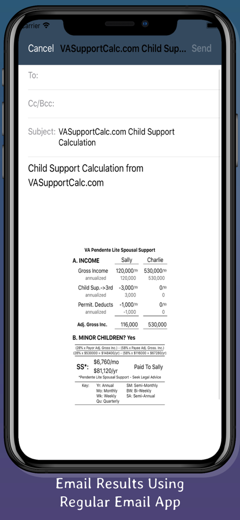 An email draft screen from the Va Spousal Support app displaying a summary table of income and calculated spousal support payments