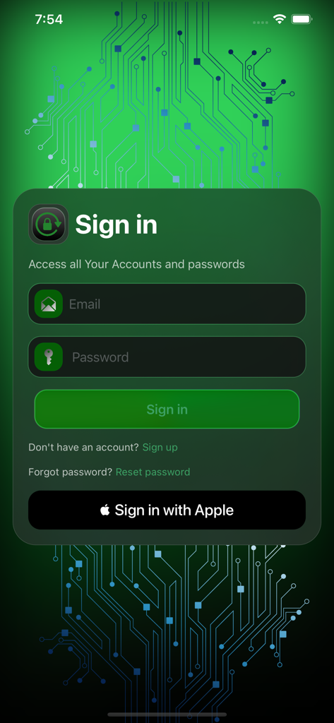 Passkeep app sign in screen with email password and Apple login options over a green circuit background
