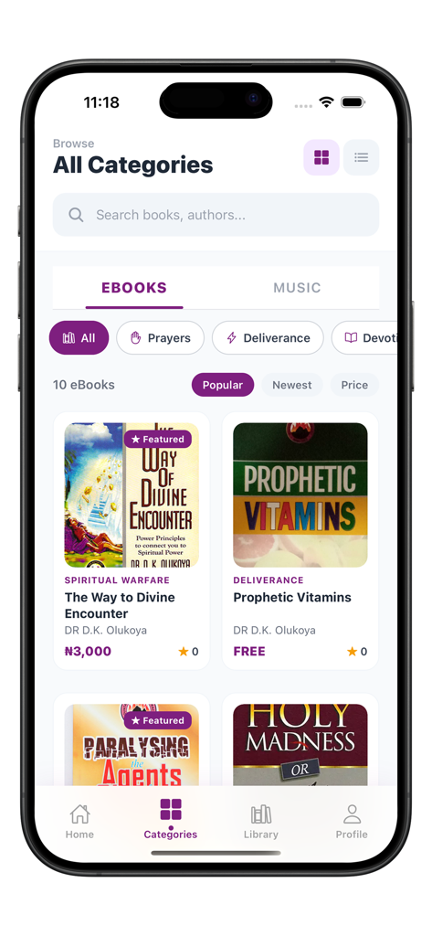 The MFM eBooks app interface displaying various Christian book categories and titles