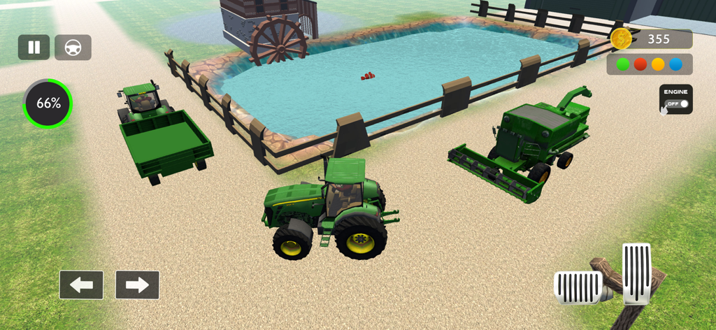 Farm Simulator Tractor Games - Vista de arriba hacia abajo de un tractor verde y una cosechadora en un patio de granja cerca de una rueda hidráulica