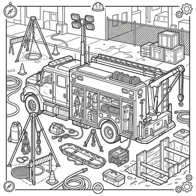 Discover the incredible detail of a technical rescue vehicle, complete with specialized equipment for complex operations. This engaging coloring page offers an exciting glimpse into the world of emergency services.