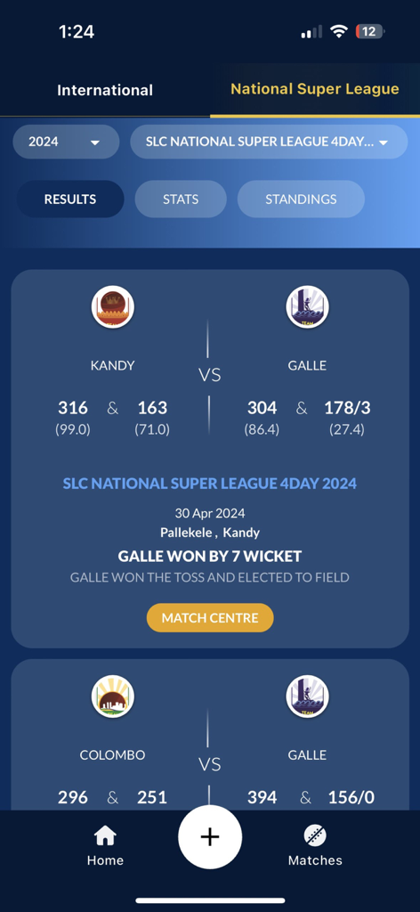 Sri Lanka Cricket Live - 스리랑카 크리켓 라이브 앱의 모바일 인터페이스로, 내셔널 슈퍼 리그 경기 점수와 결과 표시