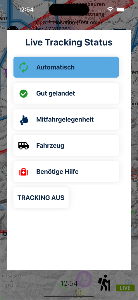 burnair Go - burnair Go app Live Tracking Status menu with safety and landing options
