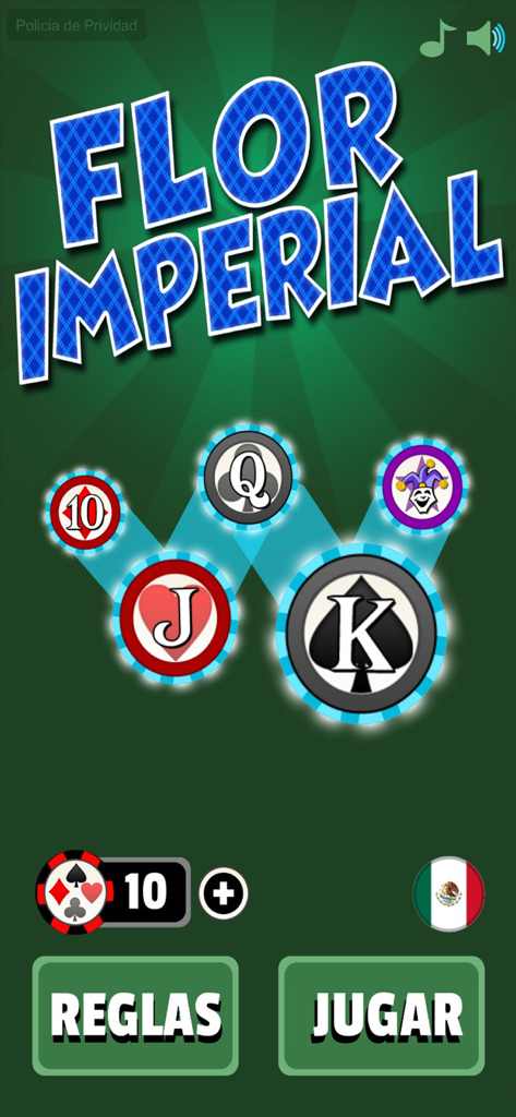 Royal Flush Game - Menu principal do Royal Flush Game mostrando fichas de cartas de poker e botões de jogar em espanhol