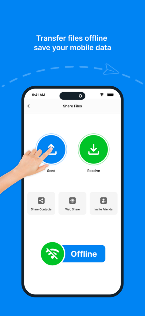 Captura de pantalla de la aplicación ShareMe que muestra la interfaz de Enviar y Recibir para transferencias de archivos sin conexión sin usar datos móviles.