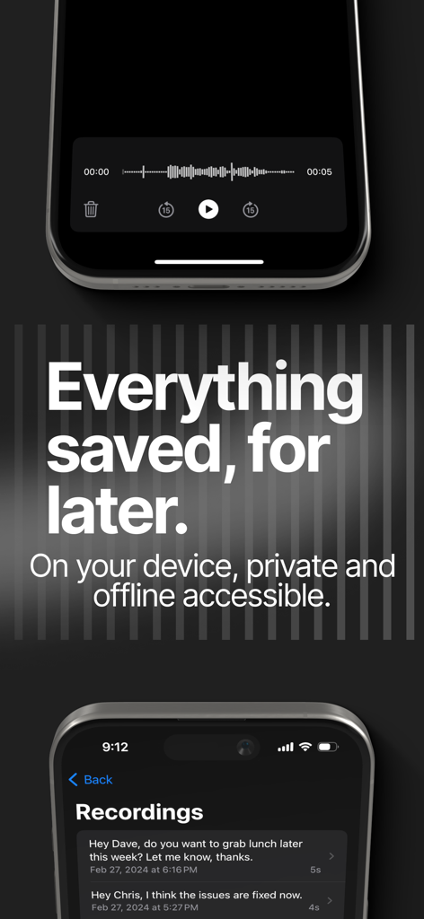 superwhisper - Oberfläche der superwhisper-App, die eine Liste transkribierter Sprachaufzeichnungen anzeigt und privaten Offline-Zugriff hervorhebt.