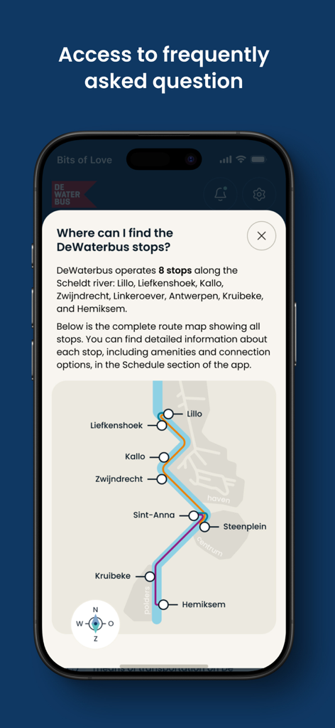 DeWaterbus - DeWaterbusアプリのFAQ画面、川沿いのフェリールートマップと停留所リストを表示