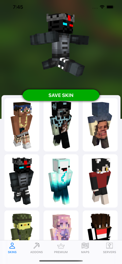 Interface of the Addons for Minecraft app showing a gallery of custom character skins with a preview and save button.