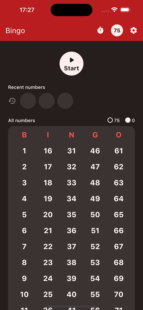 Bingo Generator & Caller - Digital bingo caller dashboard with a 75 ball grid for community game hosting