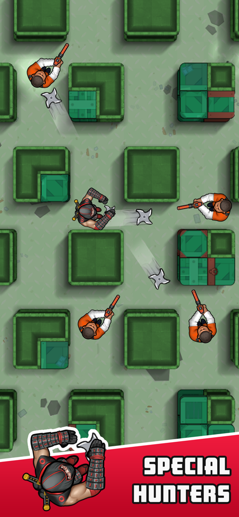 Hunter Assassin - Draufsicht des Gameplays eines besonderen Ninja-Charakters, der Shuriken auf Wachen in Hunter Assassin wirft.