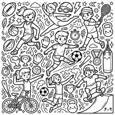 Get ready to color your way through an exciting world of Kawaii Sports & Action, specially designed for teens! This vibrant page is packed with adorable athletes and cute sports gear, offering hours of creative fun.