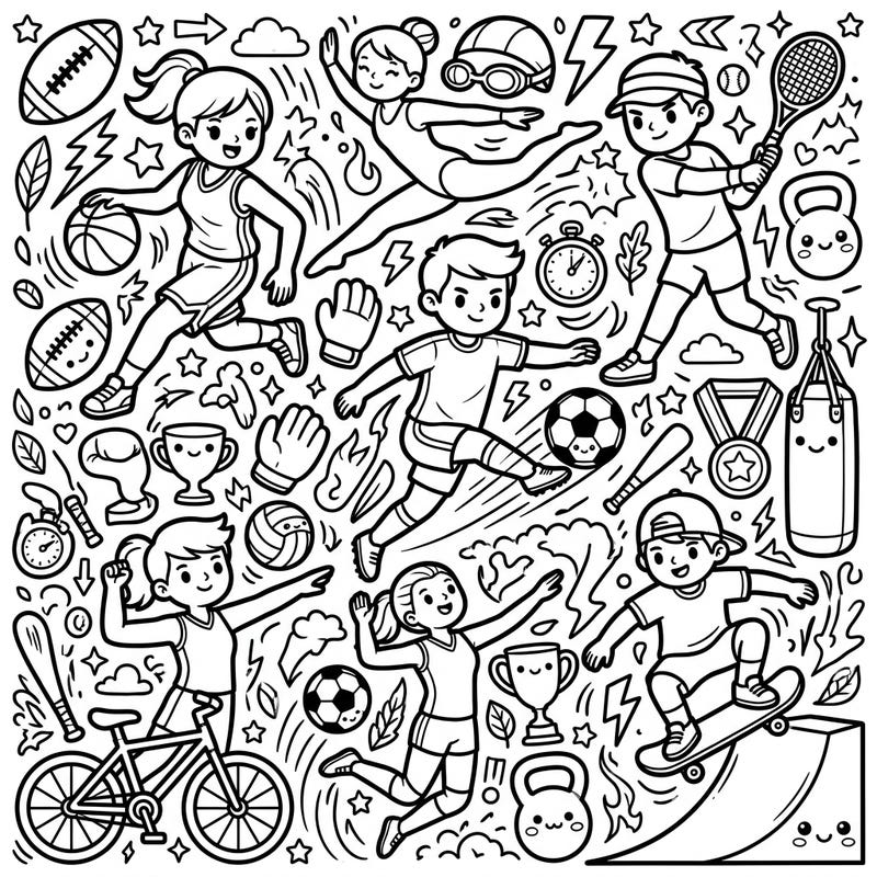 Get ready to color your way through an exciting world of Kawaii Sports & Action, specially designed for teens! This vibrant page is packed with adorable athletes and cute sports gear, offering hours of creative fun.