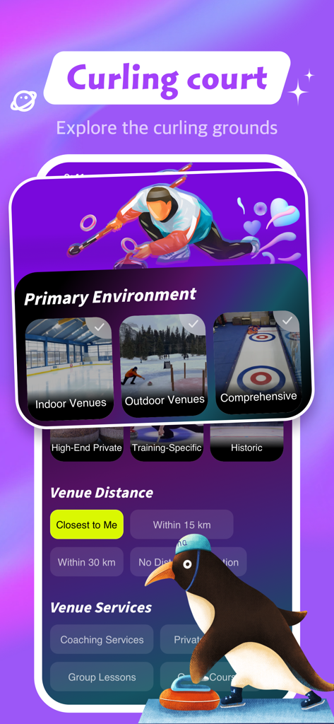 Hacla - Adult, Chat, Connect - Hacla app interface showing options to explore curling courts and filter sports venues by location and services.
