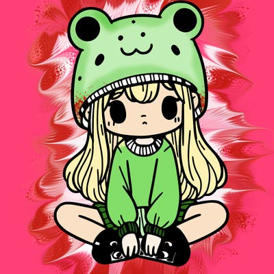 a girl wearing a frog hat and some frog socks