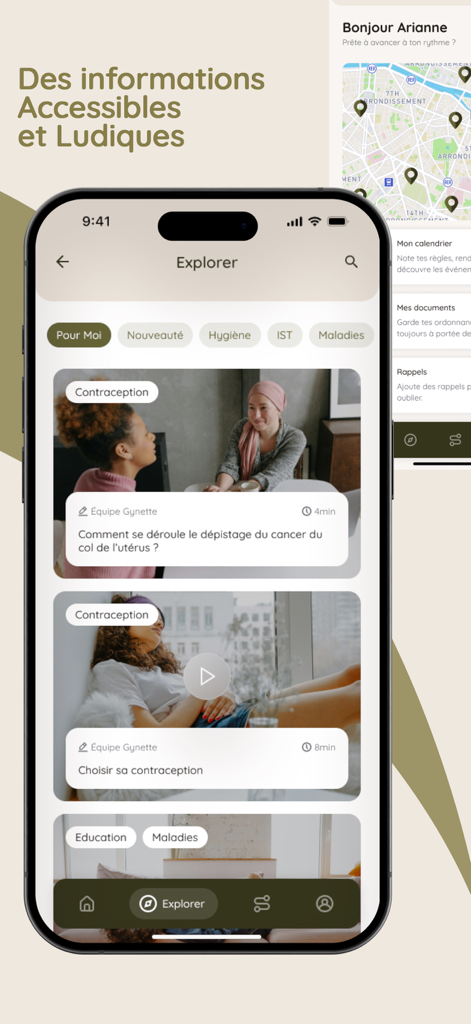 Gynette - The Gynette app explorer screen displaying sexual health articles and categories like contraception and hygiene for women.