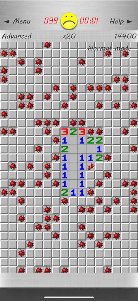 클래식 지뢰찾기 게임 보드, 고급 난이도, 드러난 지뢰와 슬픈 얼굴 아이콘