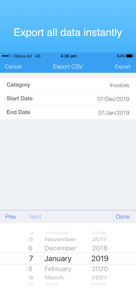 Interface for exporting invoice data as a CSV file with date selection