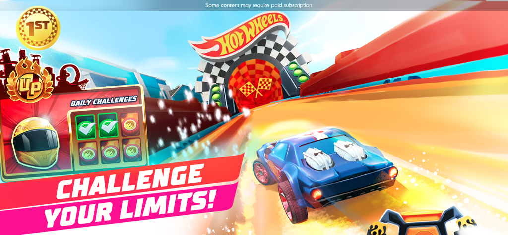 Blue Hot Wheels car racing on a stunt track towards a checkered finish line arch with daily challenge rewards