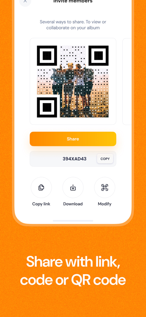 Airbum - Share photos & videos - Airbum app interface showing options to share photo albums using a QR code link or unique invitation code