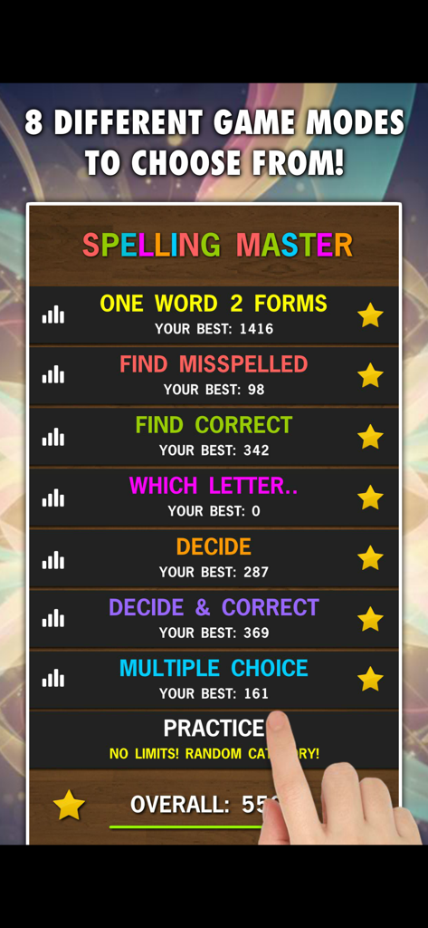 Spelling Master PRO의 모바일 폰 스크린샷으로, 8가지 다른 교육 게임 모드와 높은 점수를 보여주는 메인 메뉴