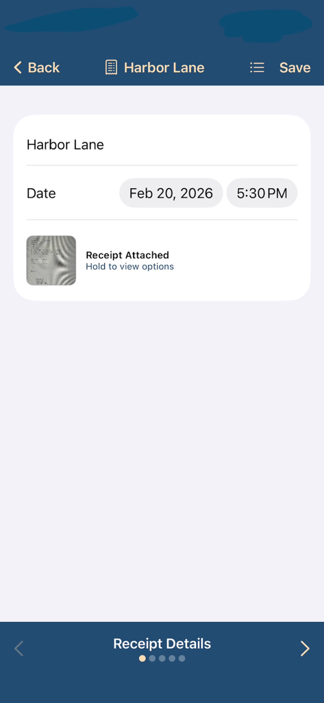 SplitCheck: Scan-Select-Split - SplitCheck app interface showing the summary of a scanned receipt from Harbor Lane including the date and time