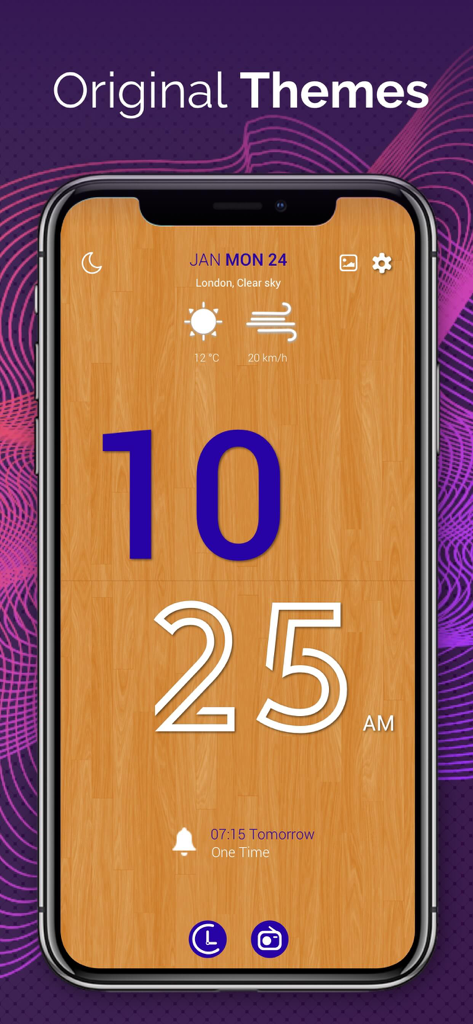 Alarm Clock Radio & Reminders - Tela do iPhone mostrando um tema de relógio de madeira com ícones de clima e hora digital