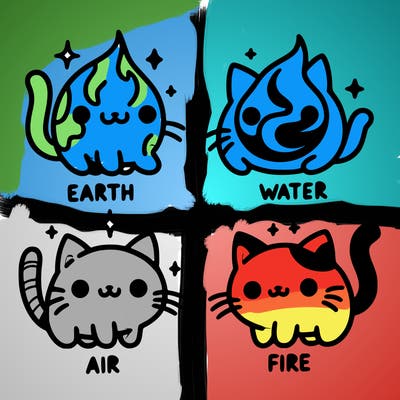 4 cats that represent the different elements, earth, water, air, and fire