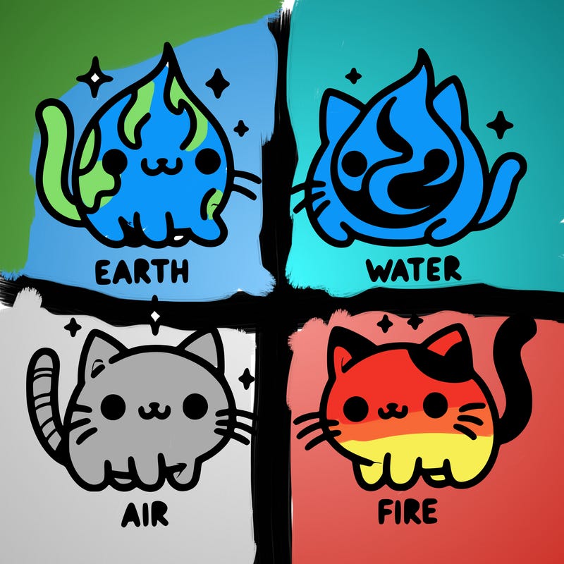 4 cats that represent the different elements, earth, water, air, and fire