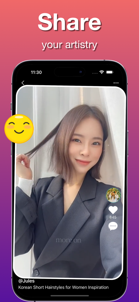 Nioo - Uma captura de tela do aplicativo Nioo mostrando um vídeo de uma mulher com um penteado curto e o título Compartilhe sua arte.