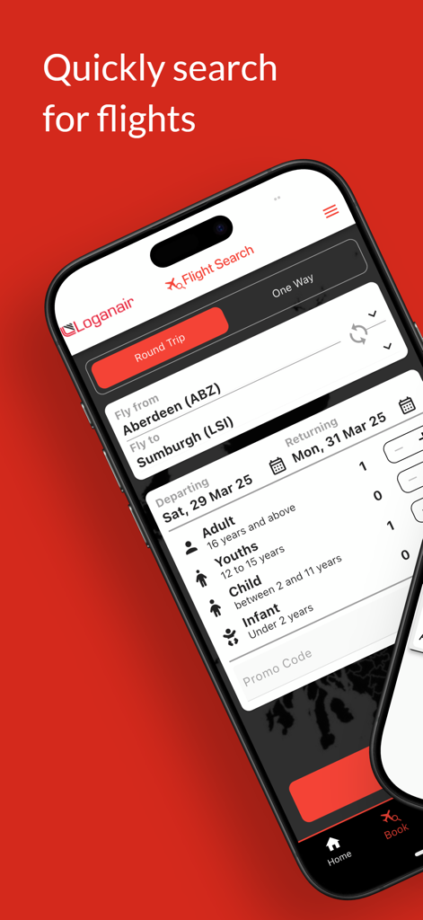 Loganair app flight search interface for booking round trip flights with passenger and date selection.