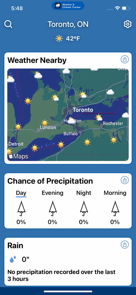 Weather Forecast by Climacam - Weather Forecast by Climacam interface with Toronto weather and rain forecast