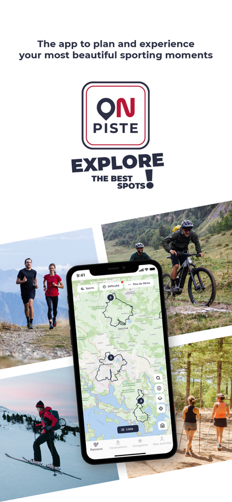 Tela de smartphone mostrando o mapa do aplicativo On Piste cercado por fotos de esqui, corrida em trilha, mountain bike e caminhada