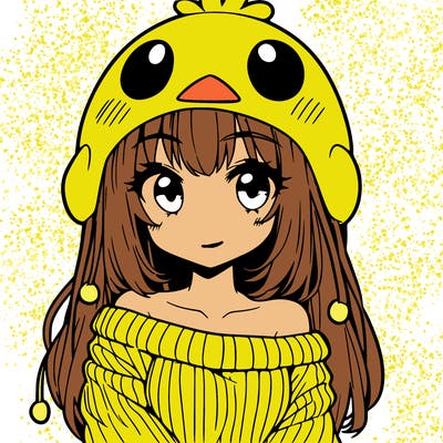 anime girl with chick shaped hat with sweater with bare shoulders with bangs covering them one eye with low tail