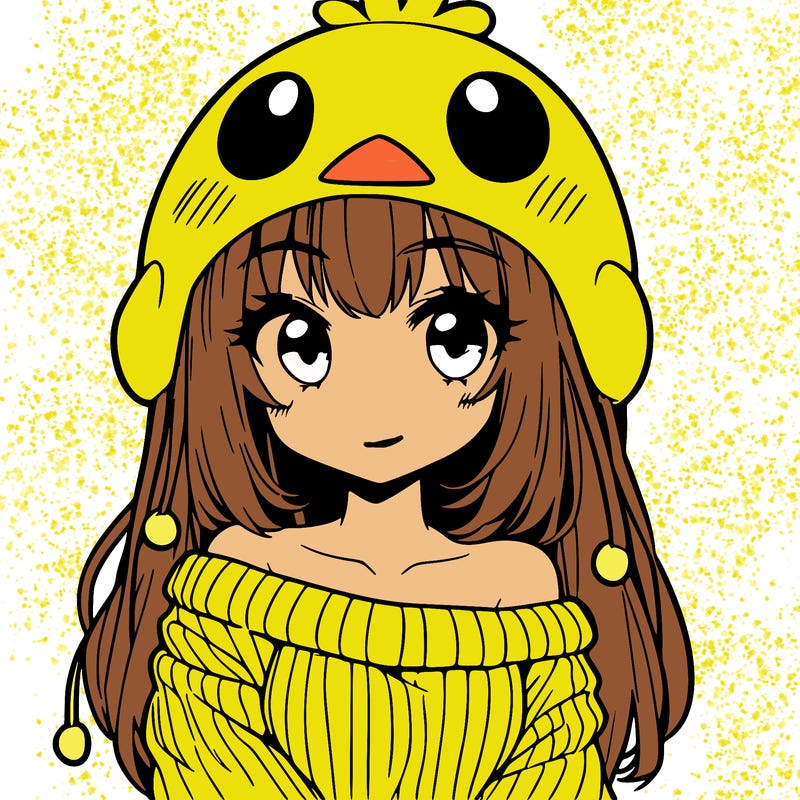 anime girl with chick shaped hat with sweater with bare shoulders with bangs covering them one eye with low tail