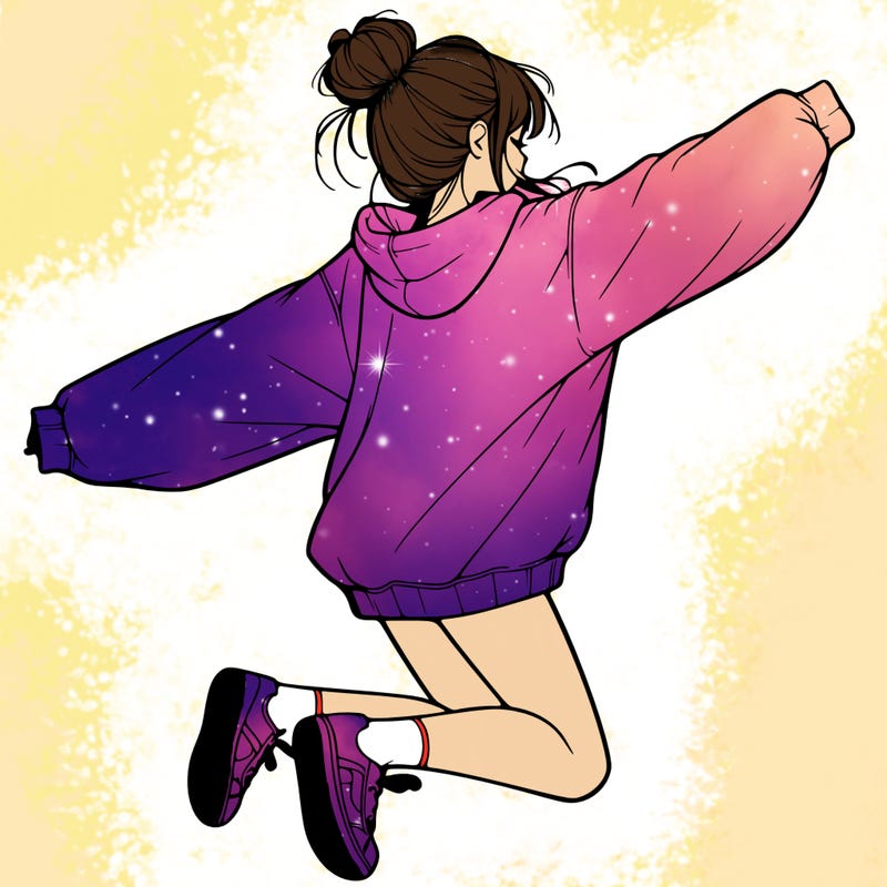 realistic girl jumping with a bun and oversized sweatshirt