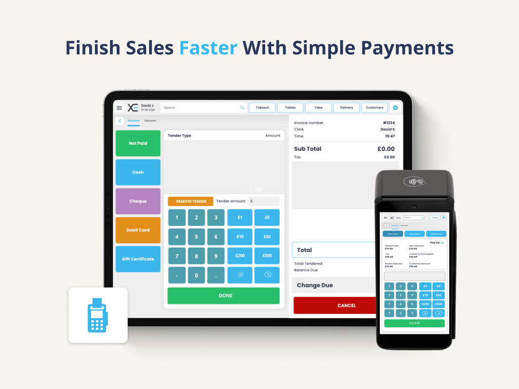 Pantalla de pago de XEPOS restaurant en iPad y terminal de tarjetas portátil mostrando opciones de pago y el importe total