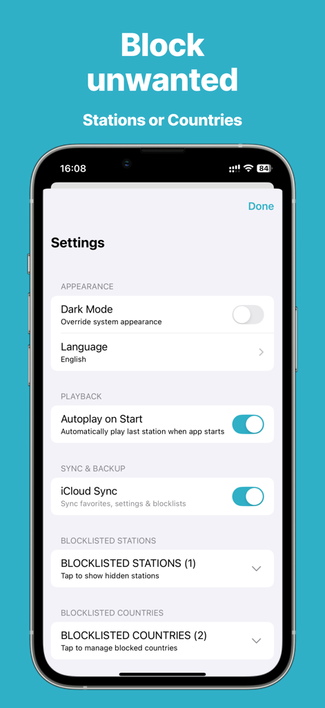 Tela de configurações do aplicativo OpenTune Radio mostrando opções para bloquear estações e países