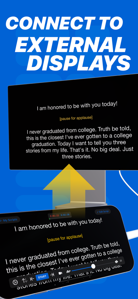 Teleprompter Pro - Teleprompter Pro app mirroring a script from a smartphone to a large external monitor